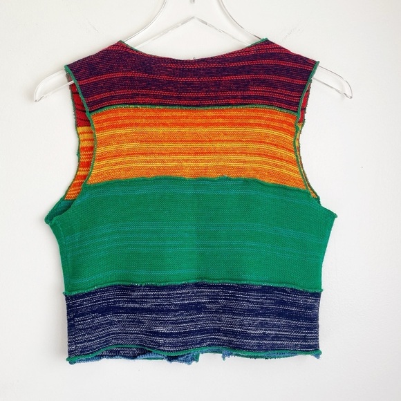 Vintage rainbow colorful knit sweater vest button up cropped v neck small stripe - Picture 2 of 7